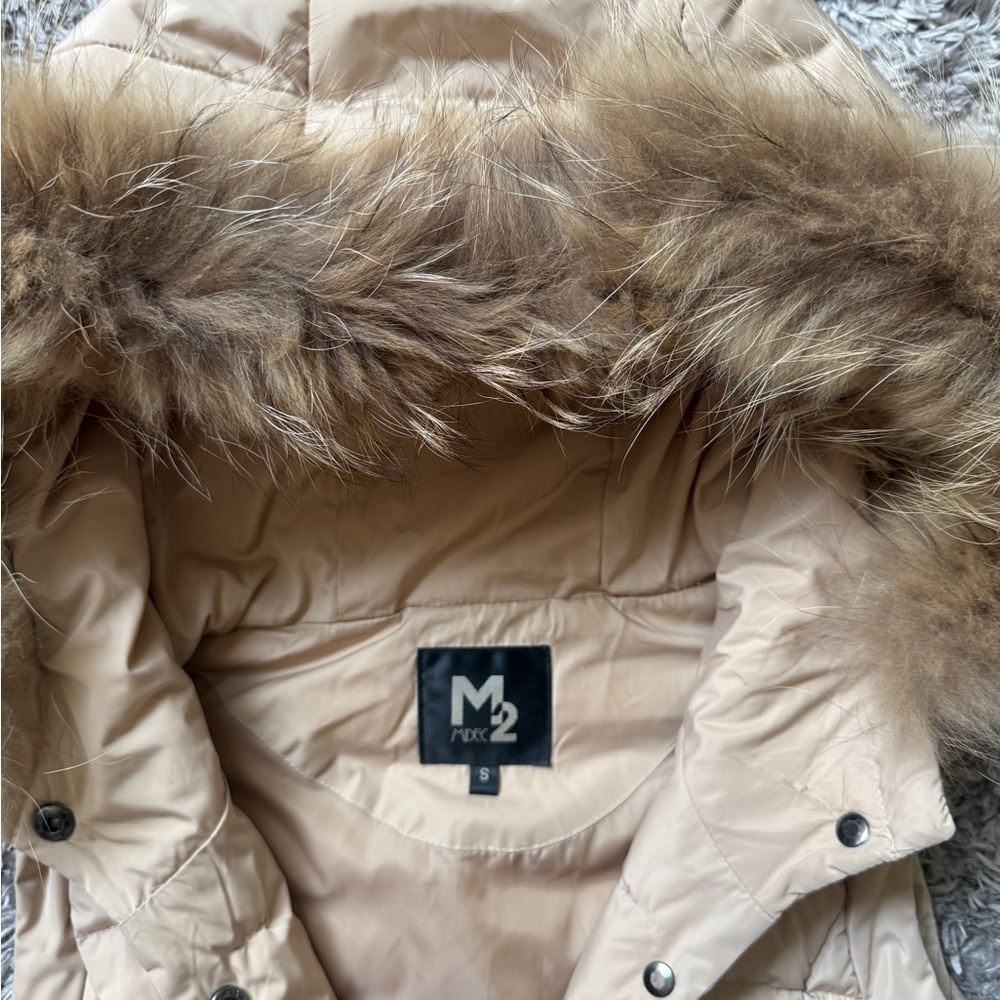 M2 Beige Puffer Vest with Fur Trim